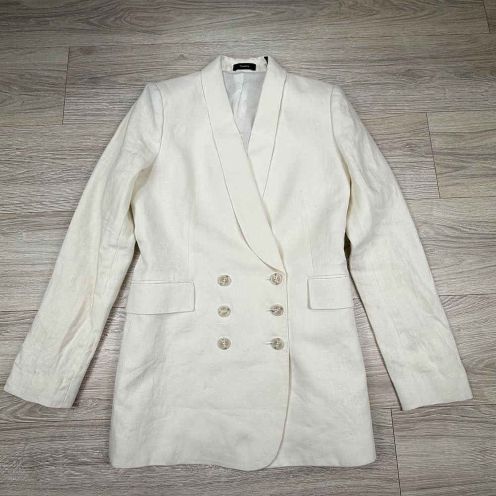 Theory White Linen Shawl Collar‎ Blazer Integrate Double Breasted Size 6